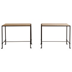 Pair of 'Diagramme' Wrought Iron and Travertine Side Tables by Design Frères