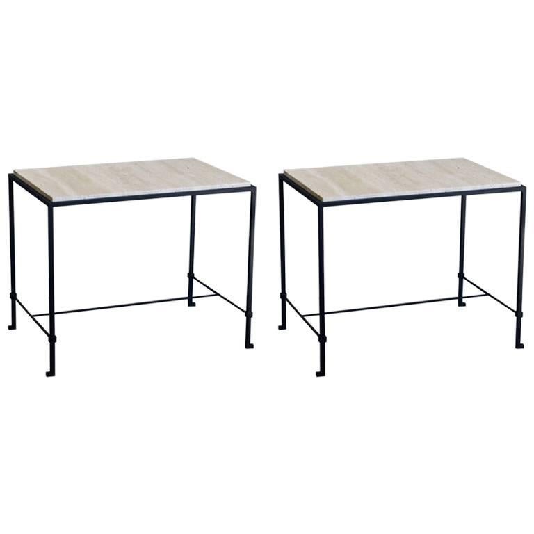 Pair of 'Diagramme' Wrought Iron and Travertine Side Tables by Design Frères