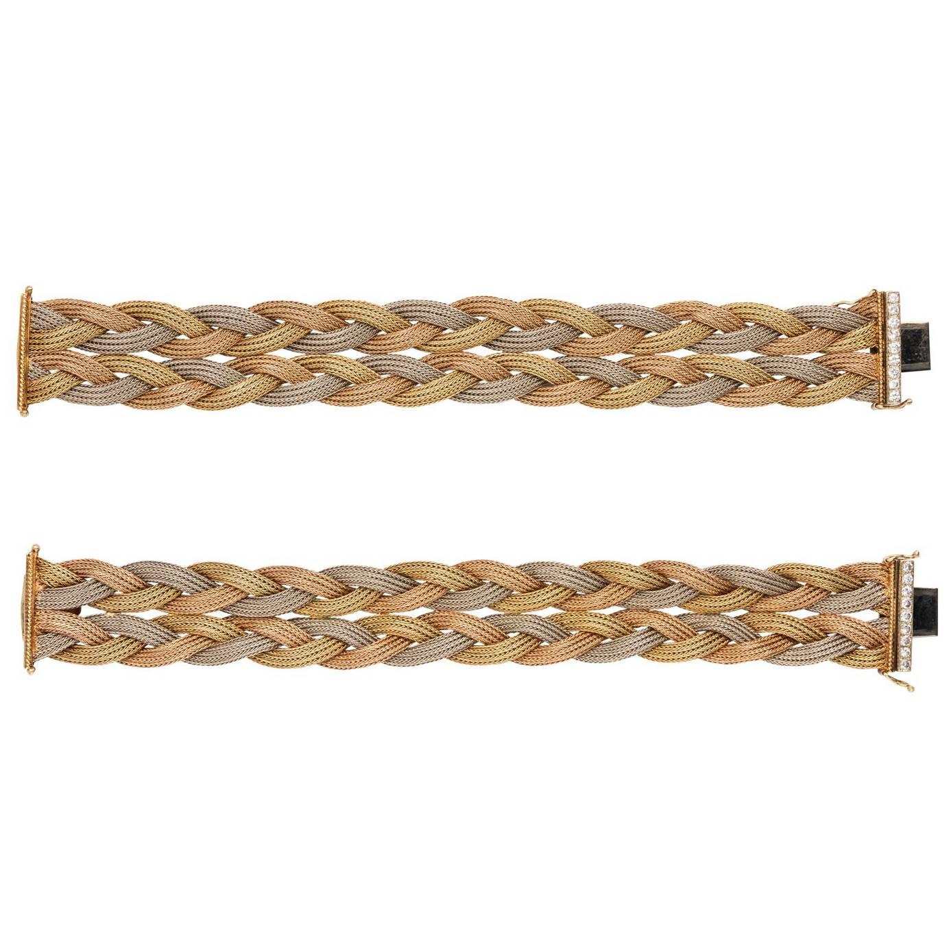 Pair of Diamond 14 Karat Tri-Color Gold Woven Bracelets or Choker
