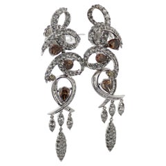 Pair of Brown Diamond, Diamond 14K White Gold Chandelier Earrings