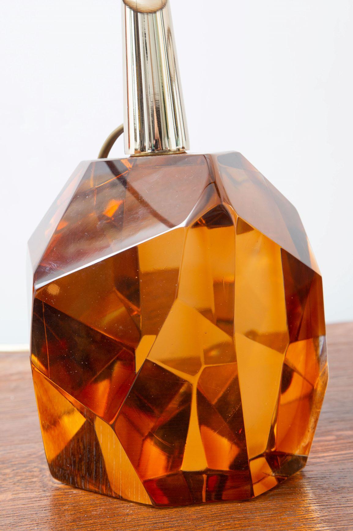 Pair of Diamond Amber Glass Table Lamps, in Stock 3