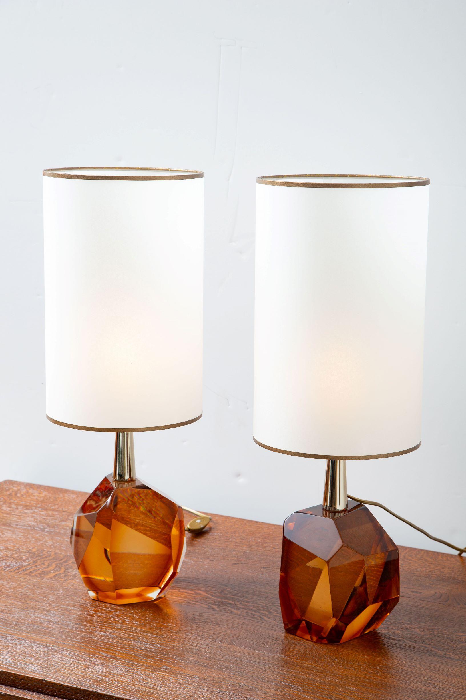 Pair of Diamond Amber Glass Table Lamps, in Stock 7