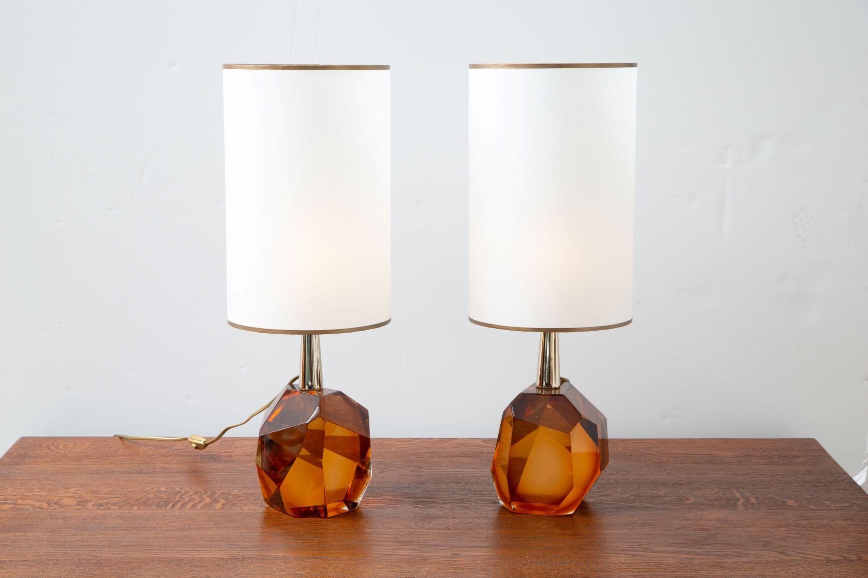 Mid-Century Modern Pair of Diamond Amber Glass Table Lamps, in Stock