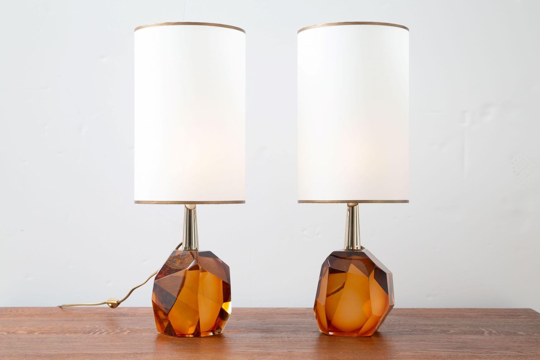 Italian Pair of Diamond Amber Glass Table Lamps, in Stock