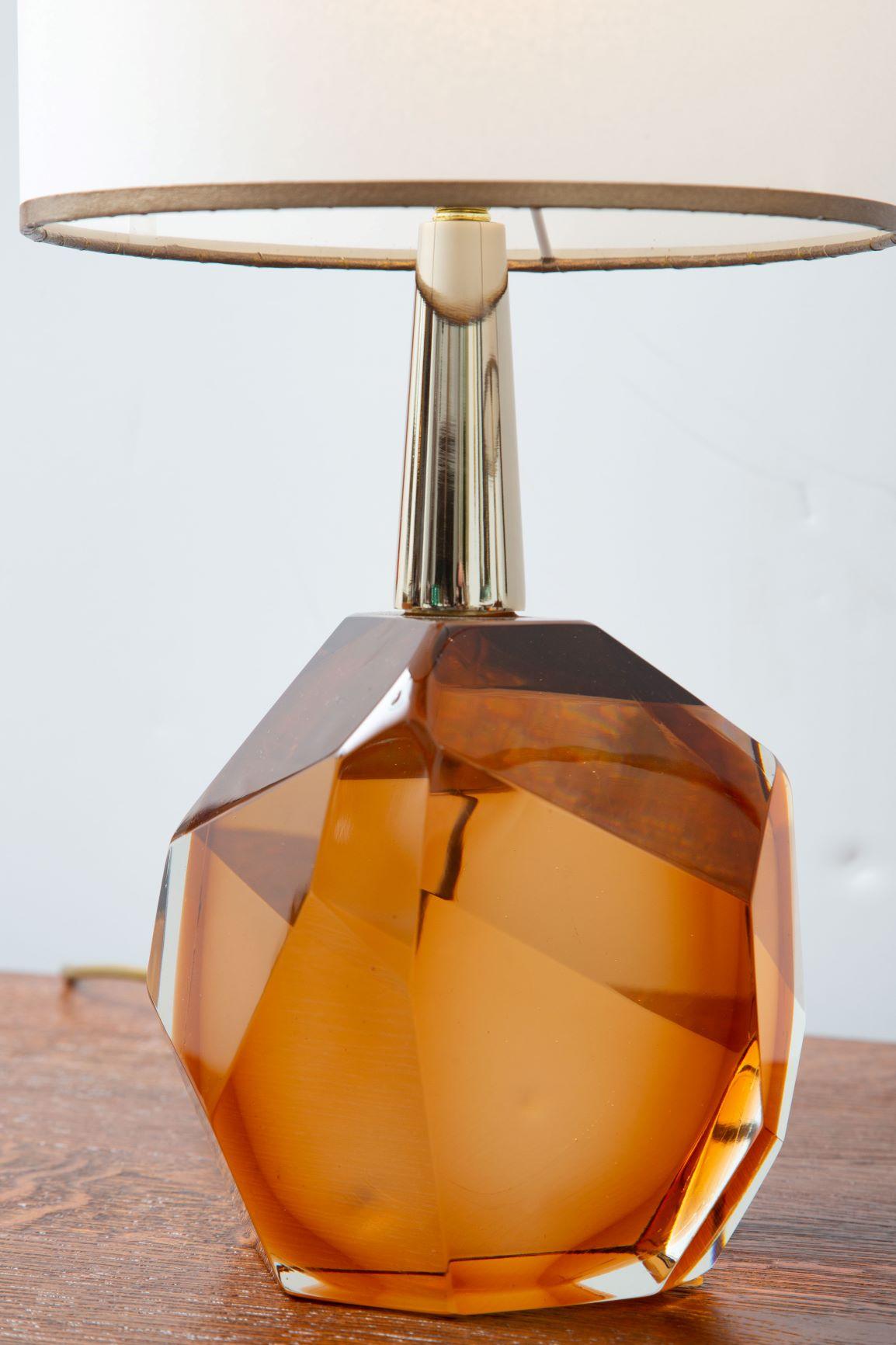 Contemporary Pair of Diamond Amber Glass Table Lamps, in Stock