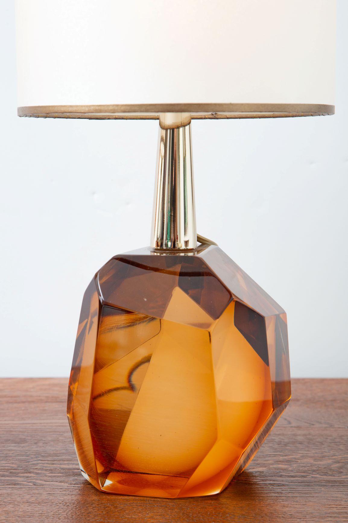 Murano Glass Pair of Diamond Amber Glass Table Lamps, in Stock