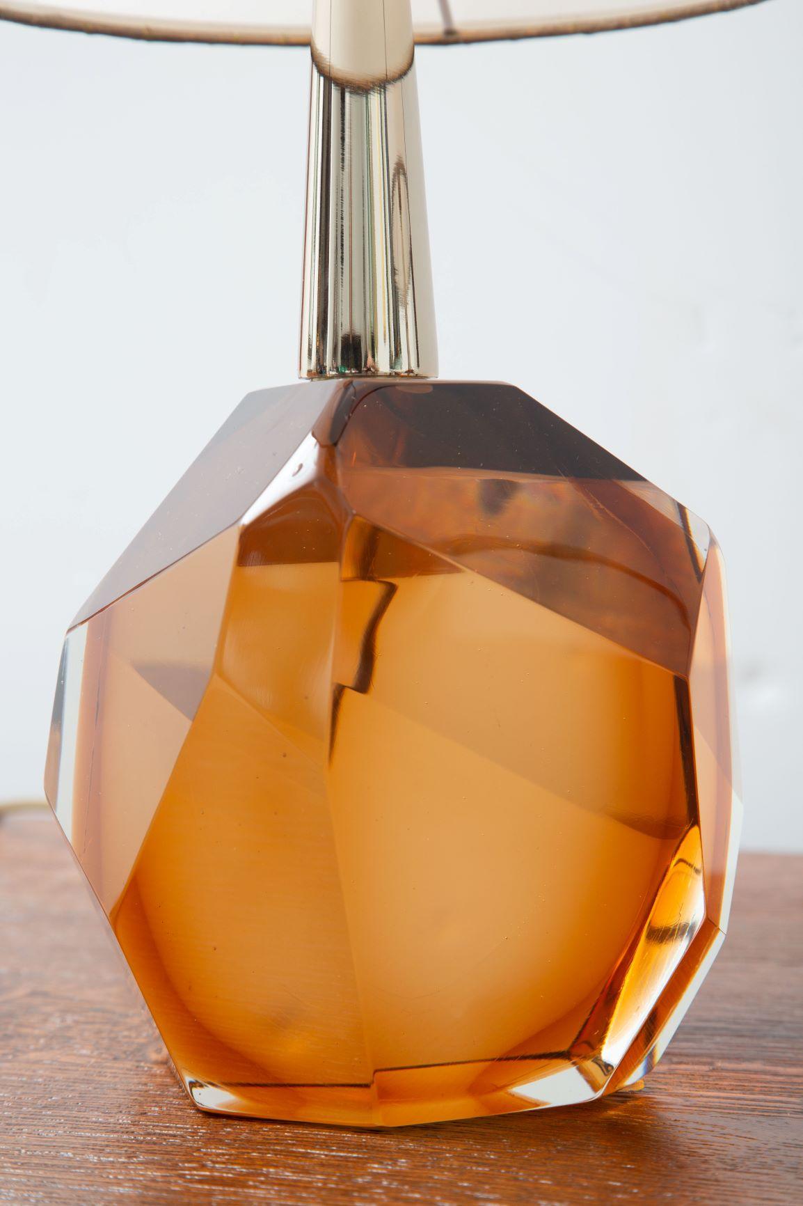 Pair of Diamond Amber Glass Table Lamps, in Stock 2