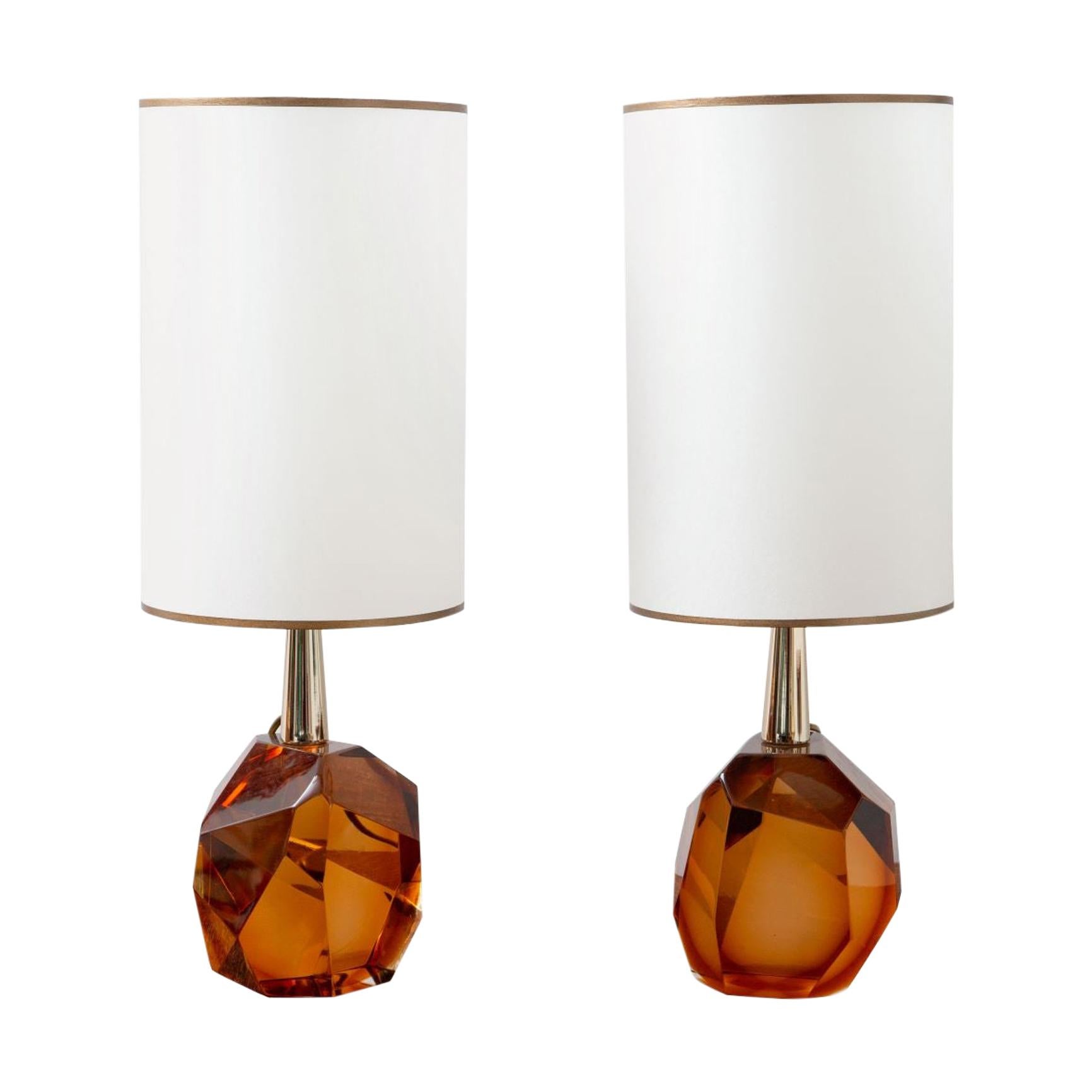 Pair of Diamond Amber Glass Table Lamps, in Stock
