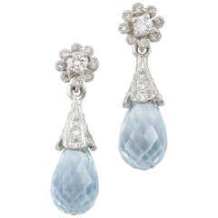 Pair of Diamond and Aquamarine Briolette Drop Earrings