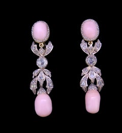 Pair of Diamond and Conch Pearl Drop Earrings