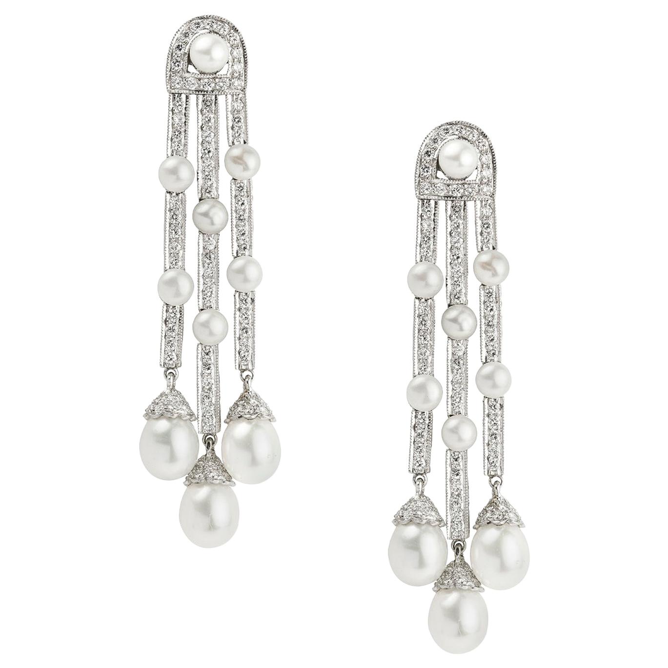 Pair of Diamond and Cultured Pearl Drop Earrings