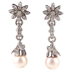 Pair of Diamond and Cultured Pearl Ear Pendants Vintage Pair of Diamond and Cultured Pearl Ear Pendants