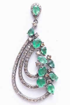 Pair of Diamond and Emerald Dangle Earrings