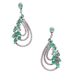 Pair of Diamond and Emerald Dangle Earrings