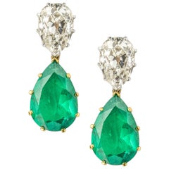Pair of Diamond and Emerald Drop Earrings
