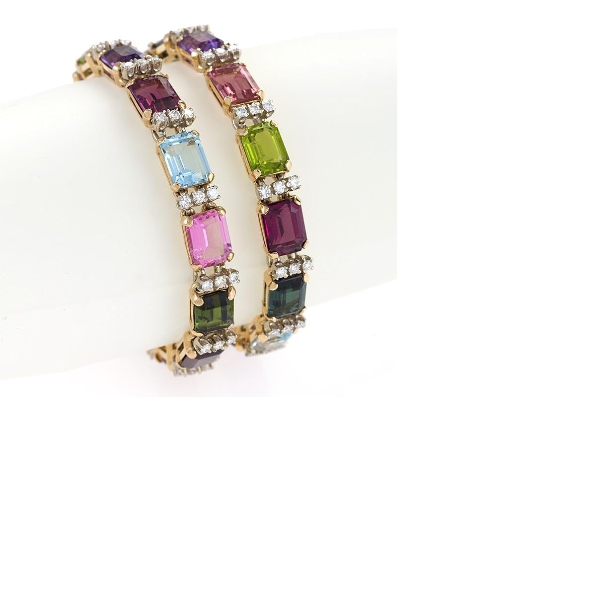 Pair of Diamond and Multi-Colored Gemstone Bracelets In Excellent Condition In New York, NY