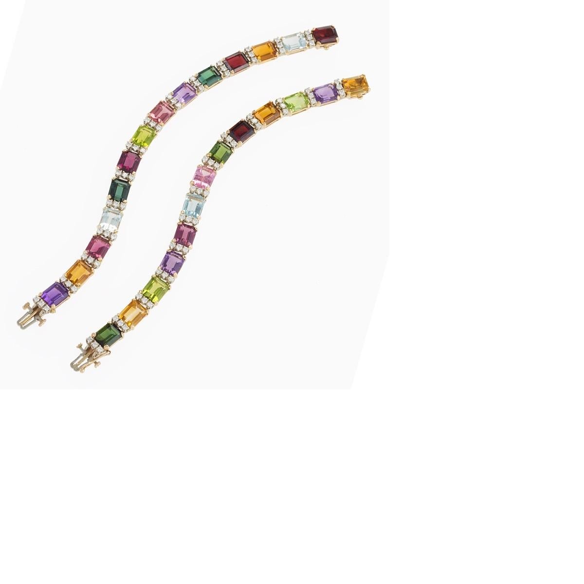 Women's or Men's Pair of Diamond and Multi-Colored Gemstone Bracelets