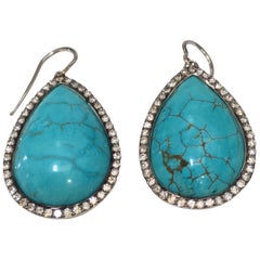 Pair of Diamond and Pear Shaped Torquise Earrings, Set in 18 Karat