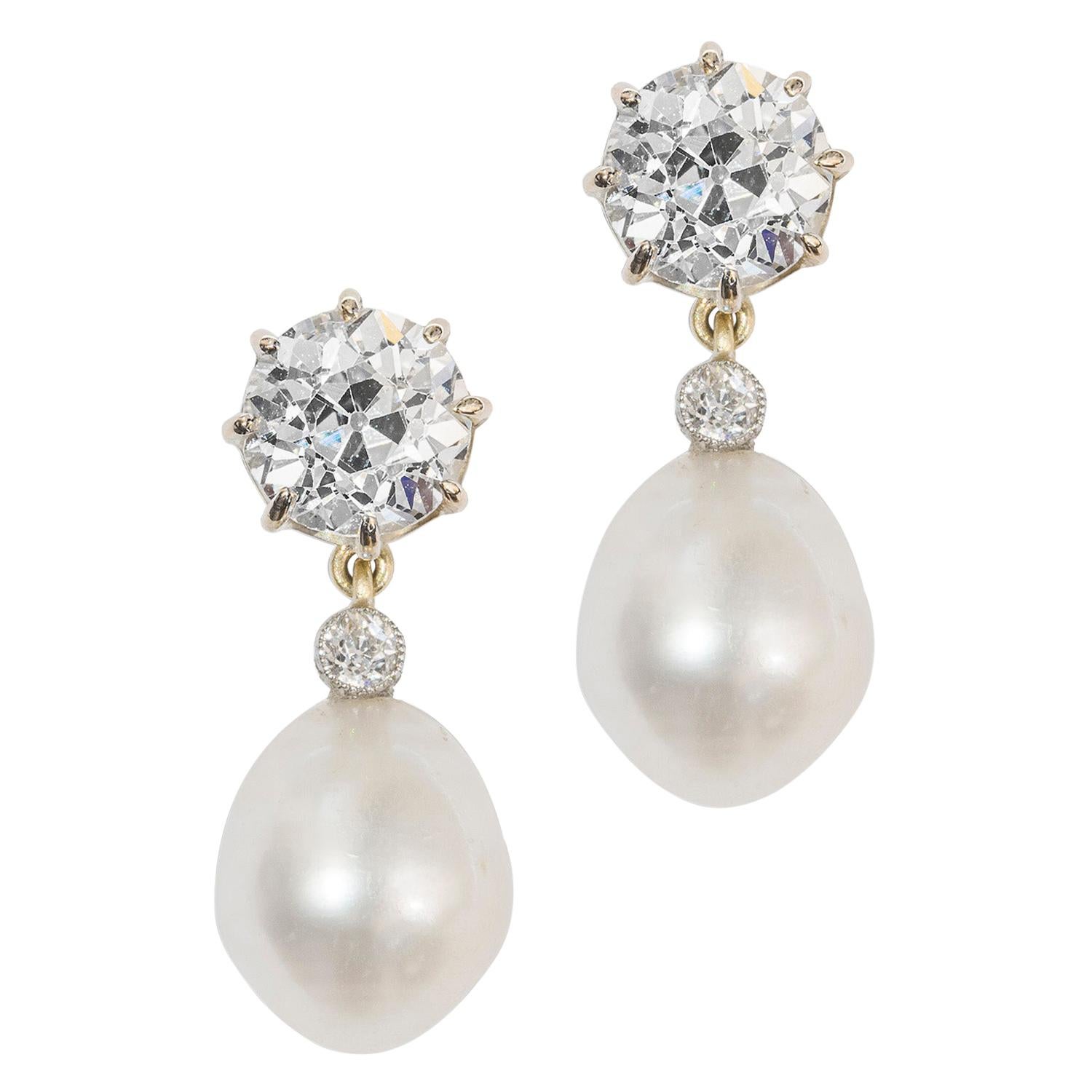 Pair of Diamond and Pearl Drop Earrings