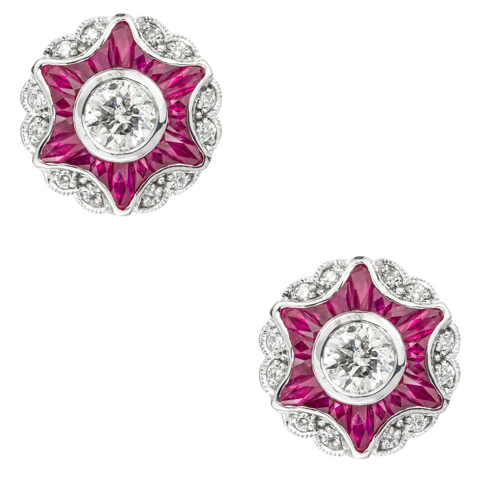 Pair of Diamond and Ruby Cluster Star Earrings