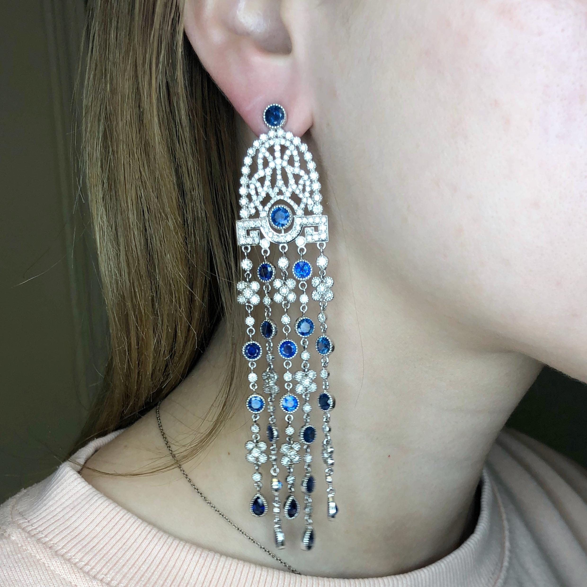 Pair of Diamond and Sapphire Cascade Chandelier Earrings in White Gold In New Condition In New York, NY