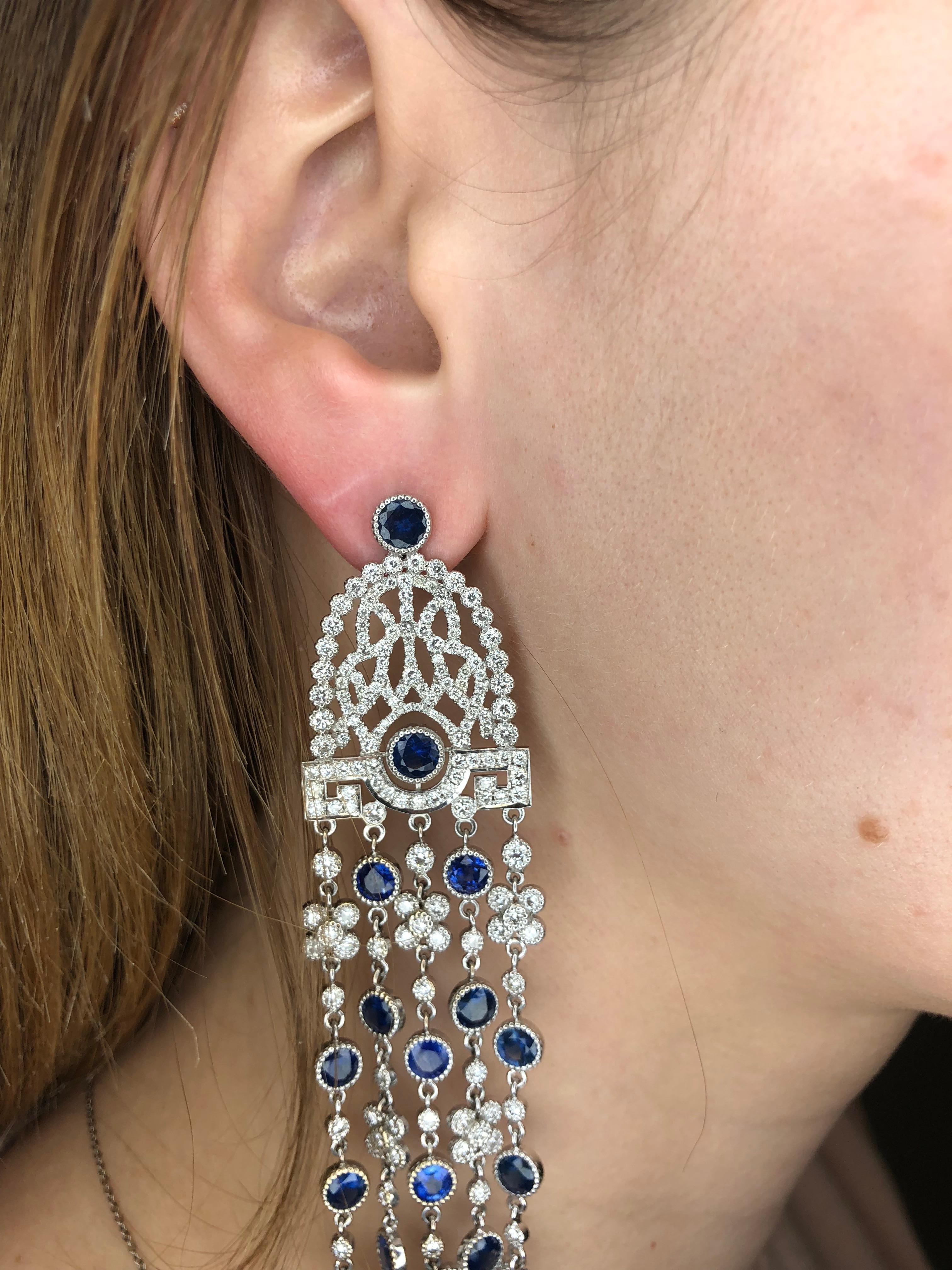 Women's or Men's Pair of Diamond and Sapphire Cascade Chandelier Earrings in White Gold