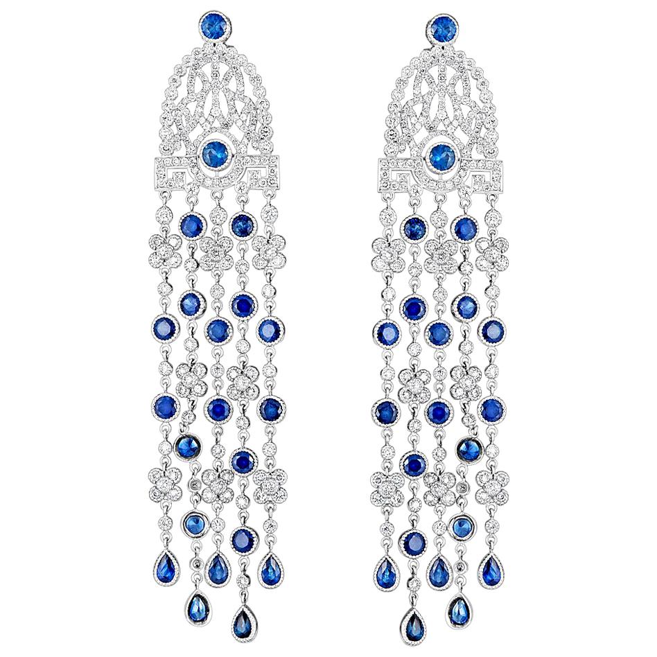 Pair of Diamond and Sapphire Cascade Chandelier Earrings in White Gold