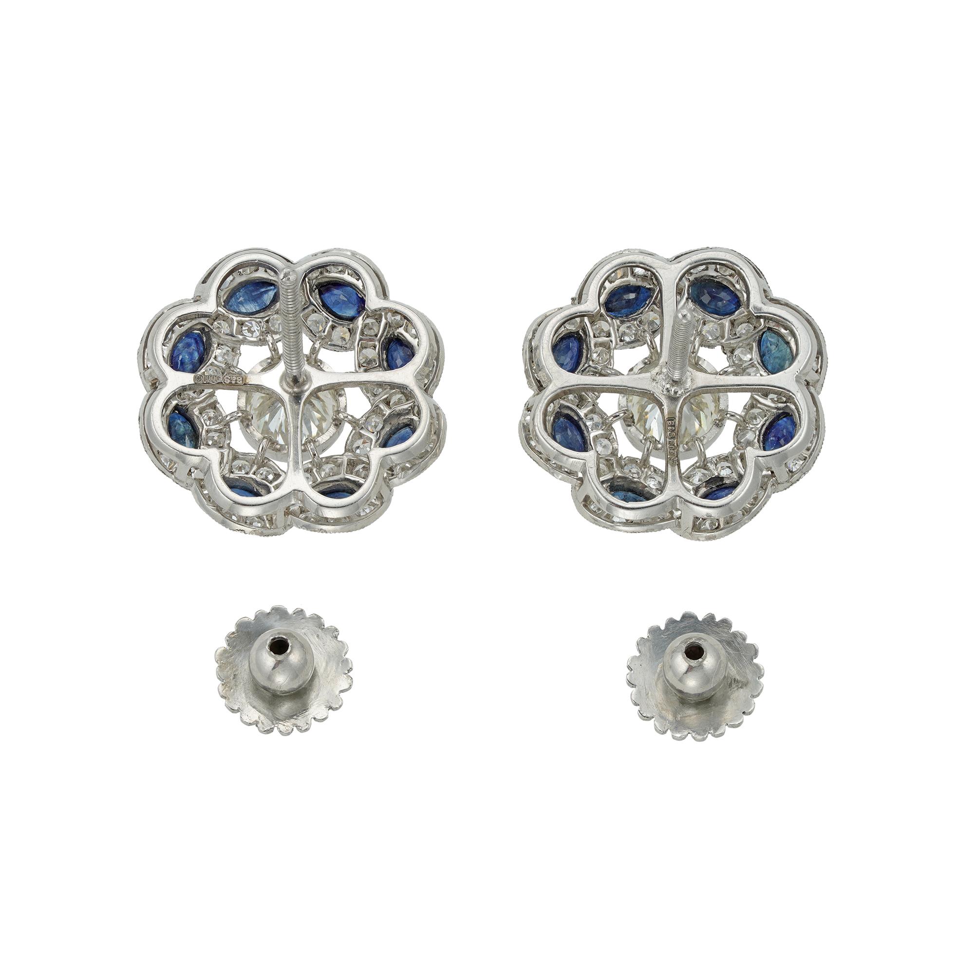 Brilliant Cut Pair of Diamond and Sapphire Cluster Earrings For Sale