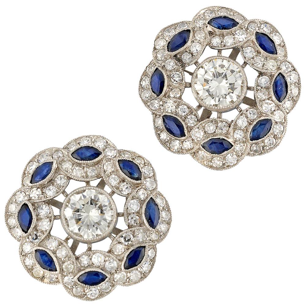Pair of Diamond and Sapphire Cluster Earrings For Sale