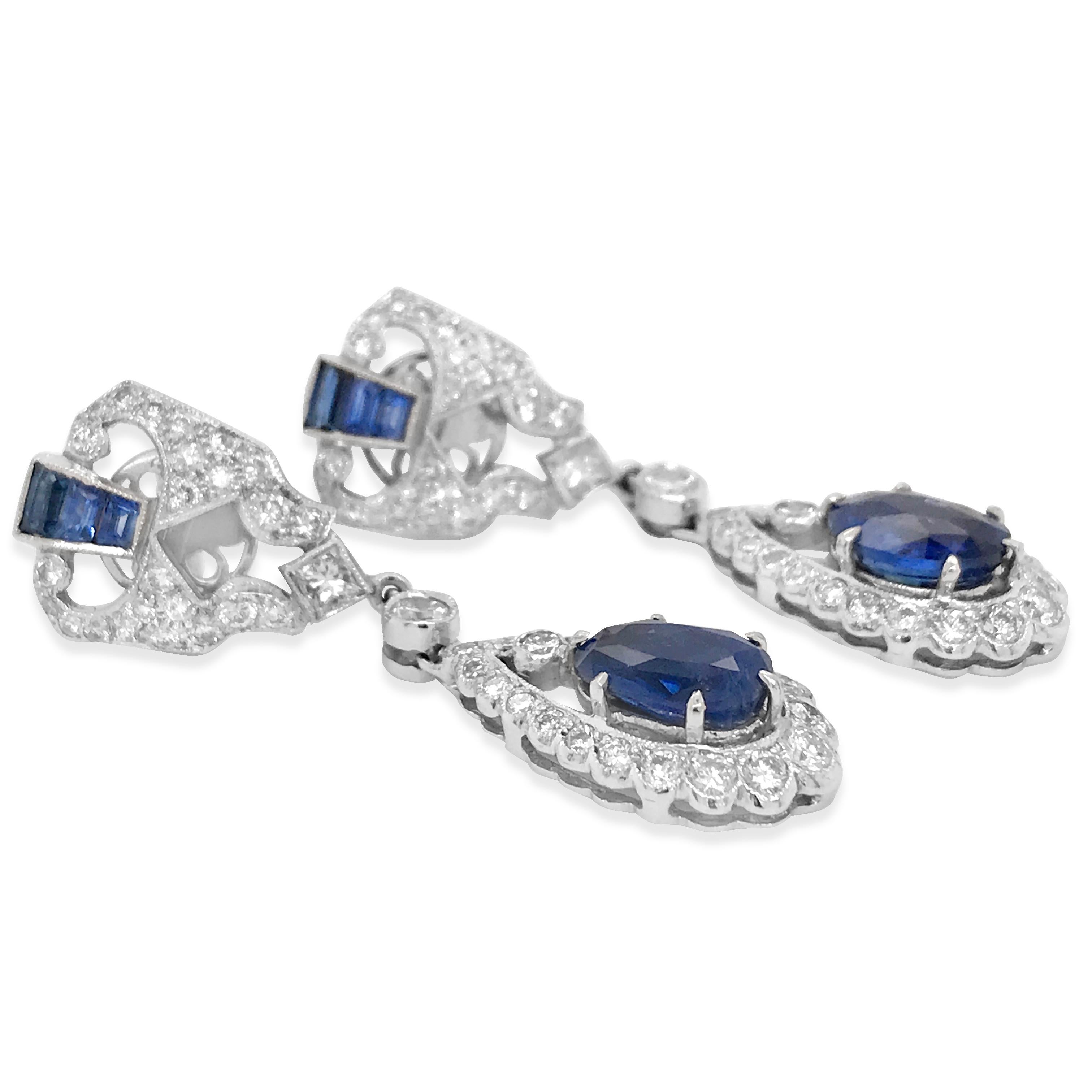 Oval Cut Pair of Diamond and Sapphire Earrings