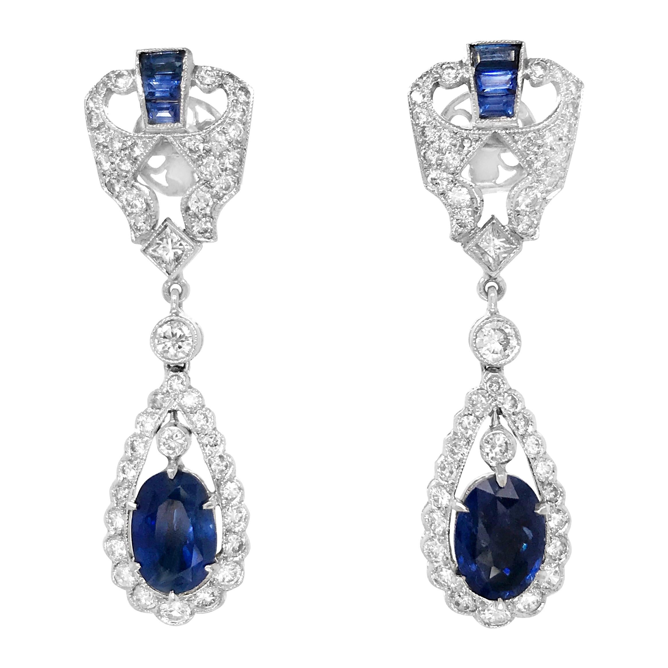 Pair of Diamond and Sapphire Earrings