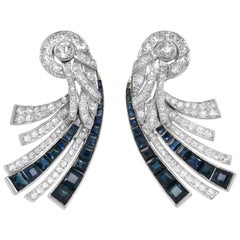 Pair of Diamond and Sapphire Platinum Earrings