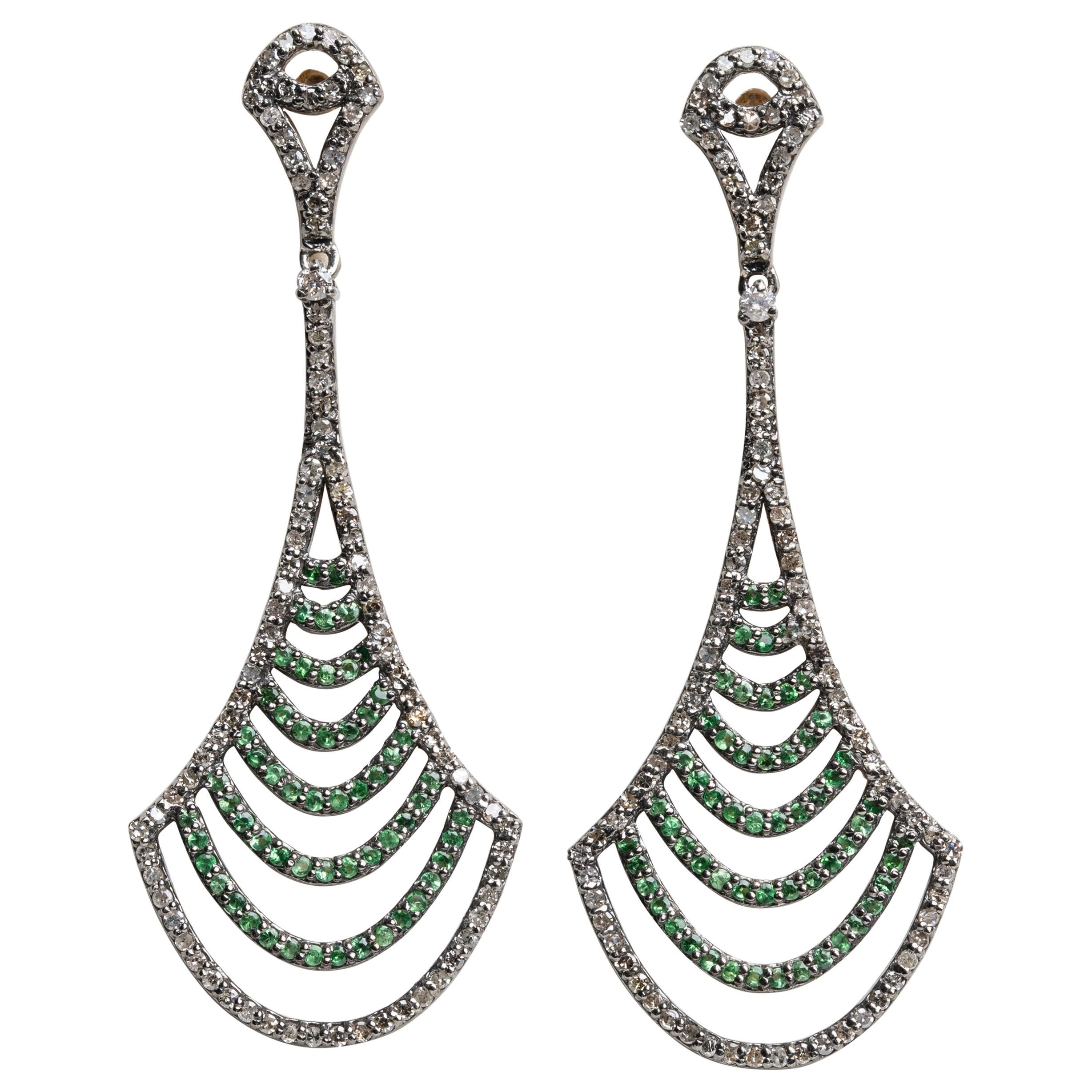 Pair of Diamond and Tsavorite Chandelier Earrings For Sale