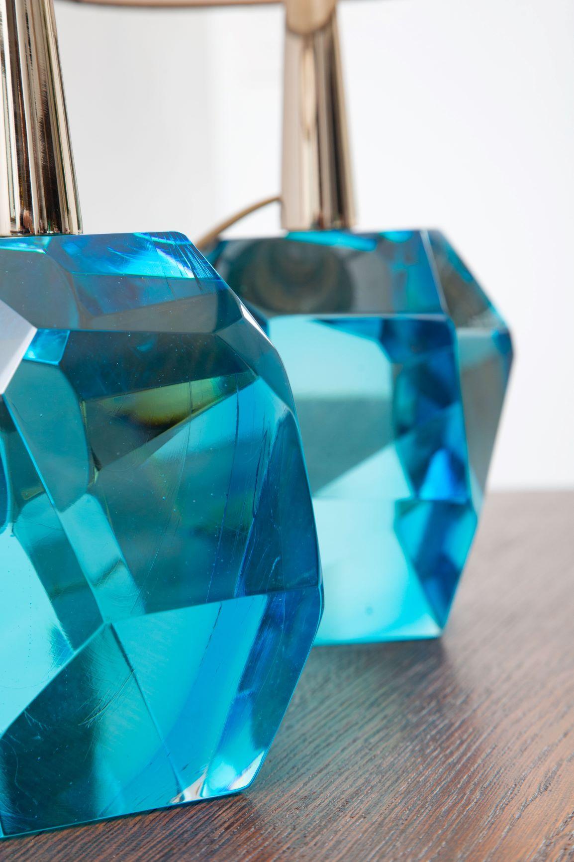 Pair of Diamond Blue Aqua Marine Glass Table Lamps, in Stock 3