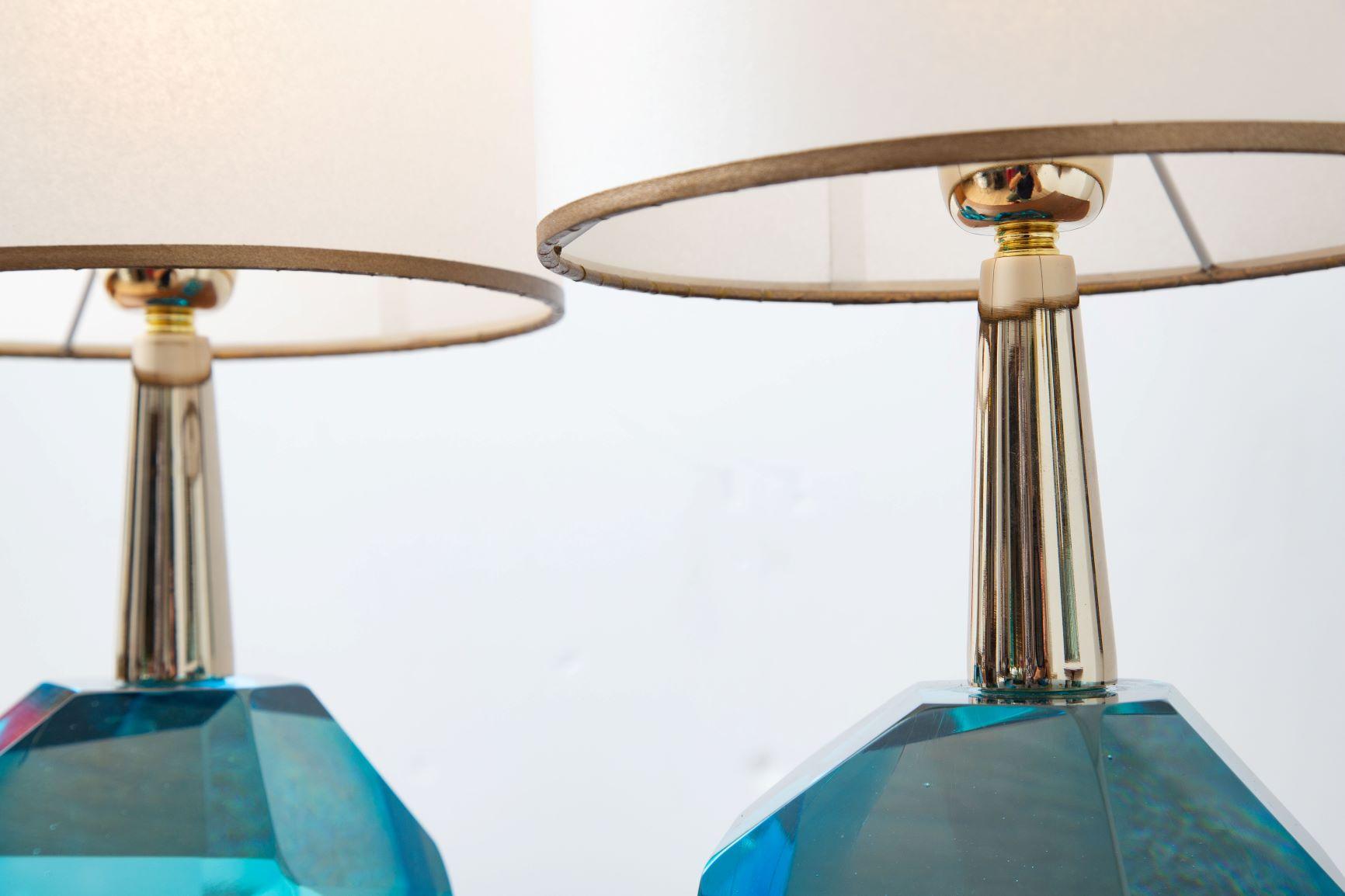 Pair of Diamond Blue Aqua Marine Glass Table Lamps, in Stock 4