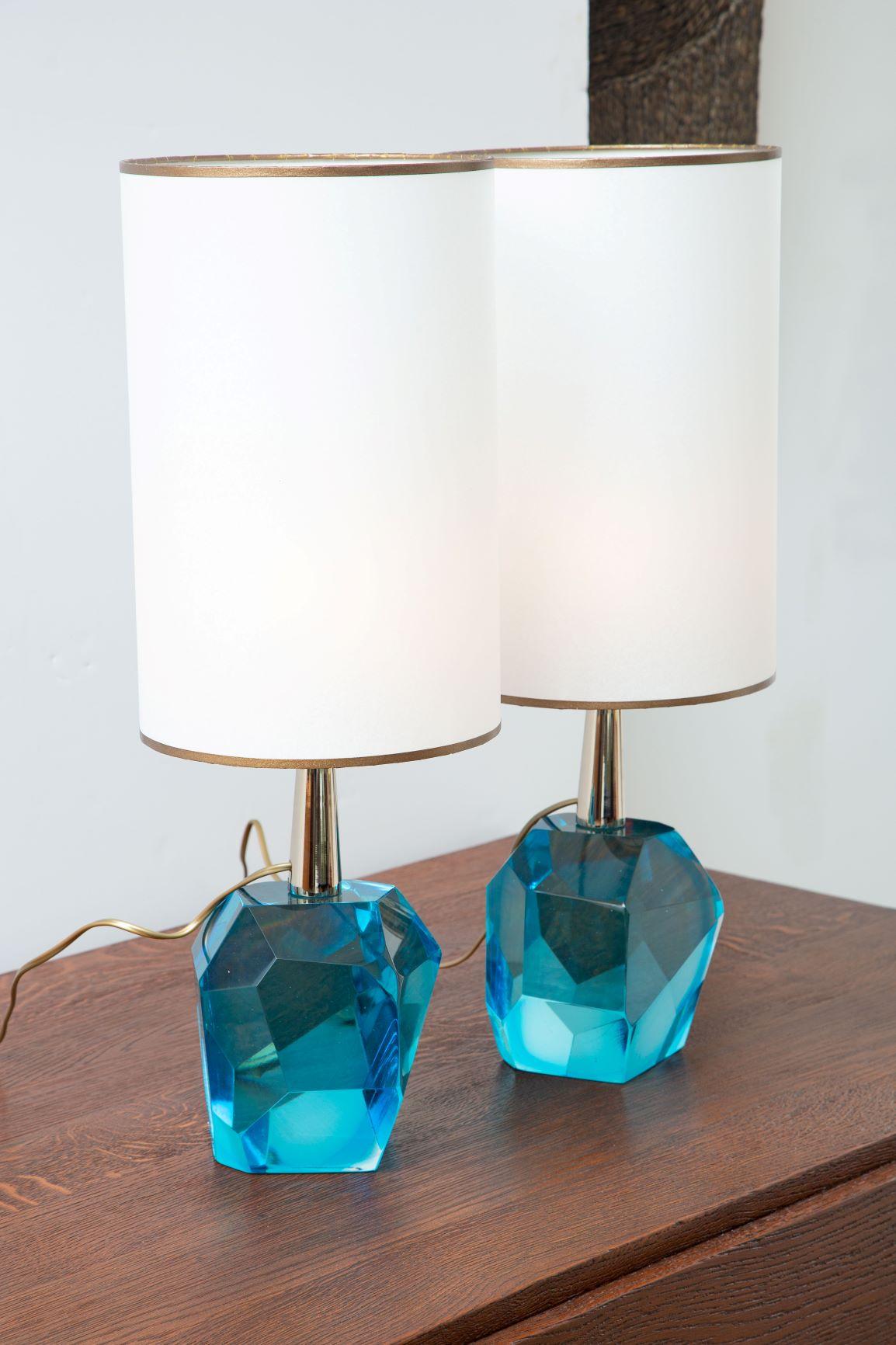 Mid-Century Modern Pair of Diamond Blue Aqua Marine Glass Table Lamps, in Stock