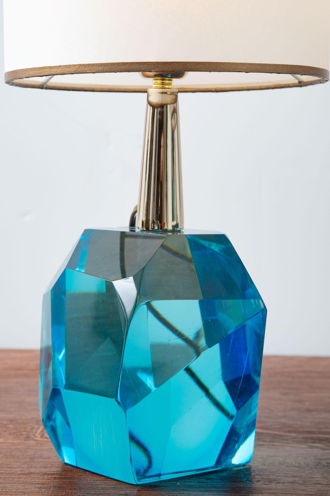 Italian Pair of Diamond Blue Aqua Marine Glass Table Lamps, in Stock