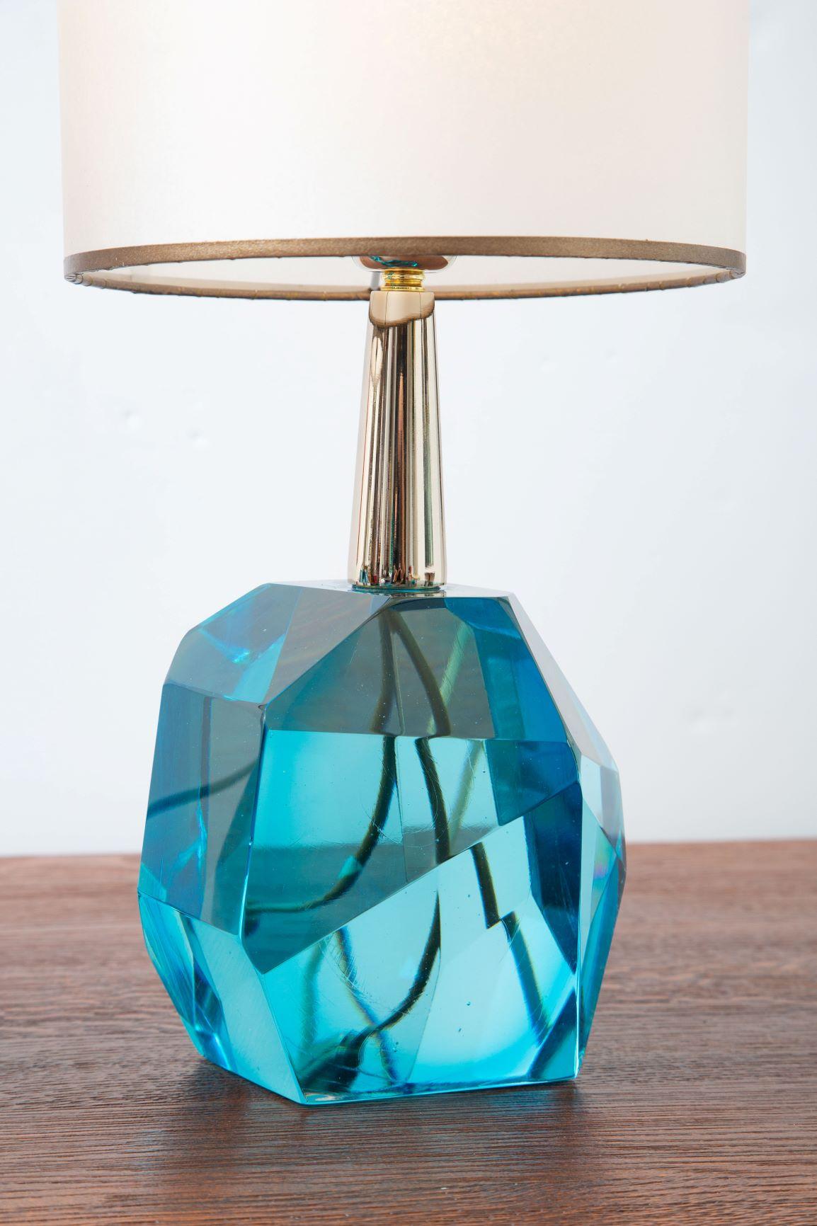 Pair of Diamond Blue Aqua Marine Glass Table Lamps, in Stock In New Condition In Miami, FL