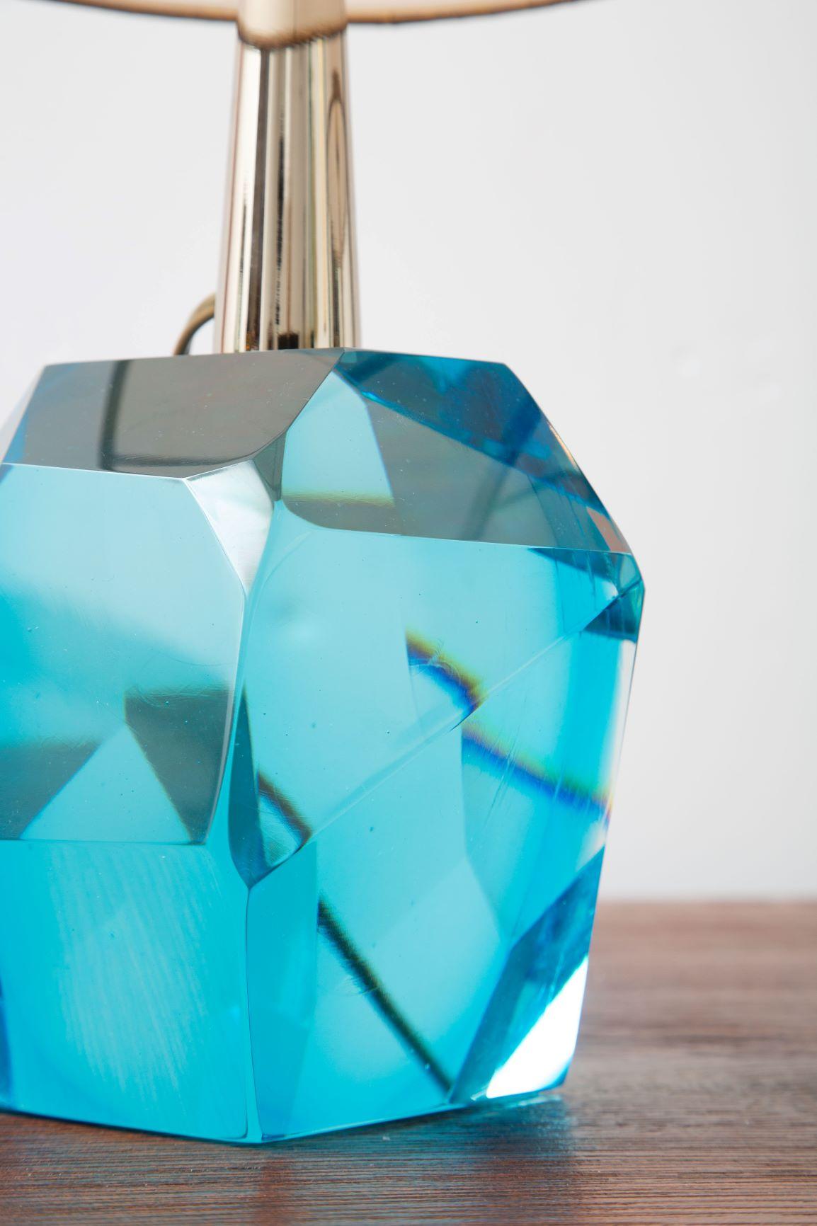Contemporary Pair of Diamond Blue Aqua Marine Glass Table Lamps, in Stock