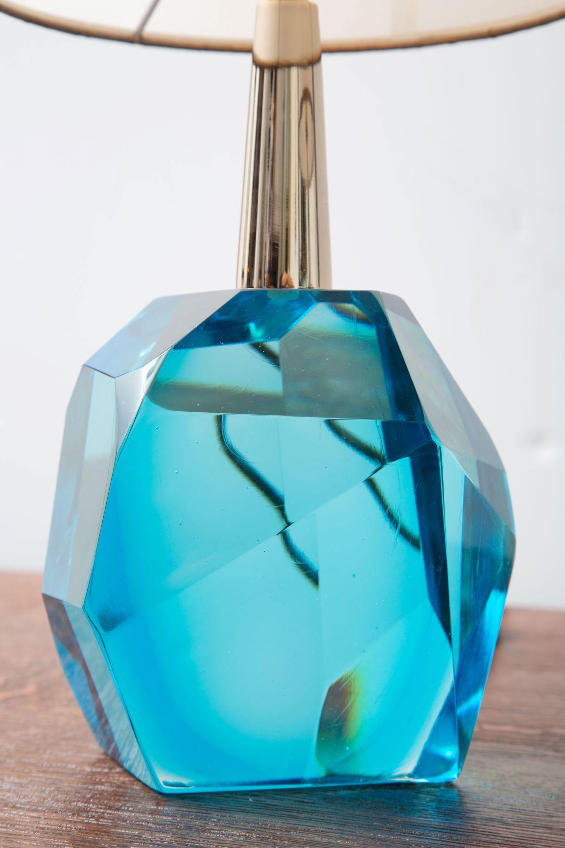 Pair of Diamond Blue Aqua Marine Glass Table Lamps, in Stock 1