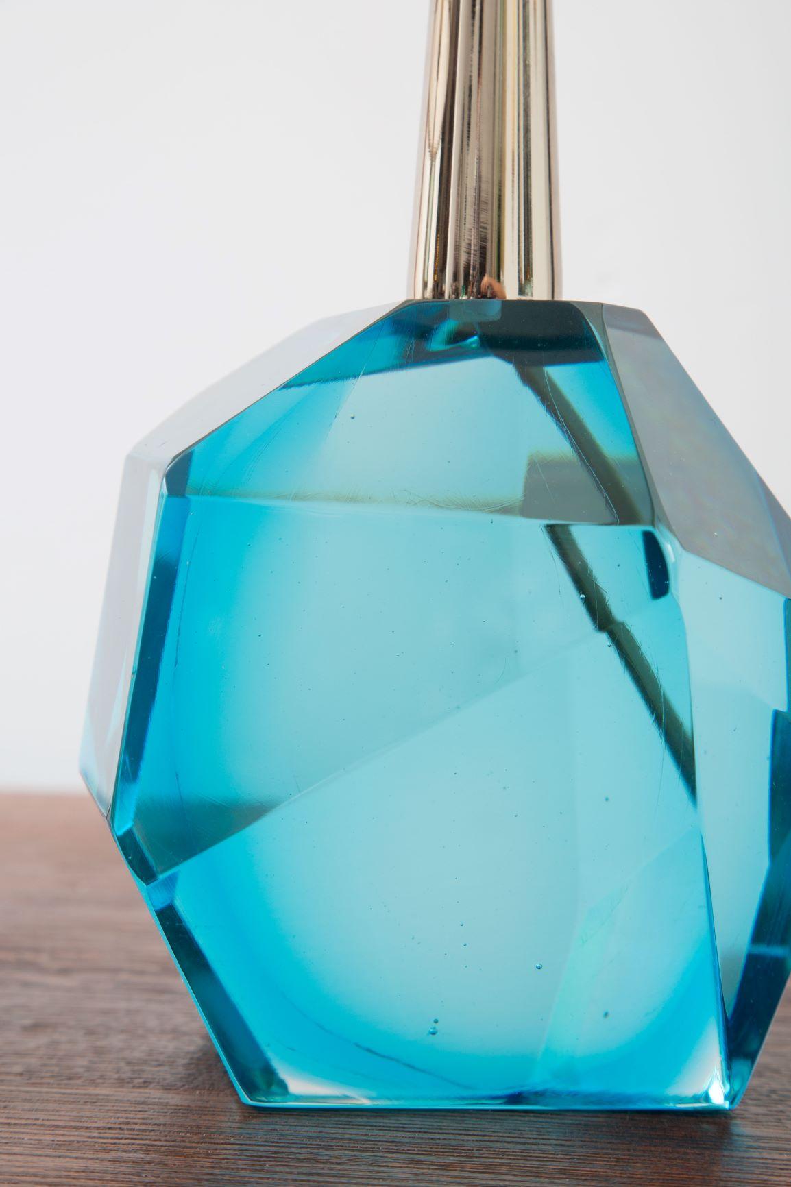 Pair of Diamond Blue Aqua Marine Glass Table Lamps, in Stock 2