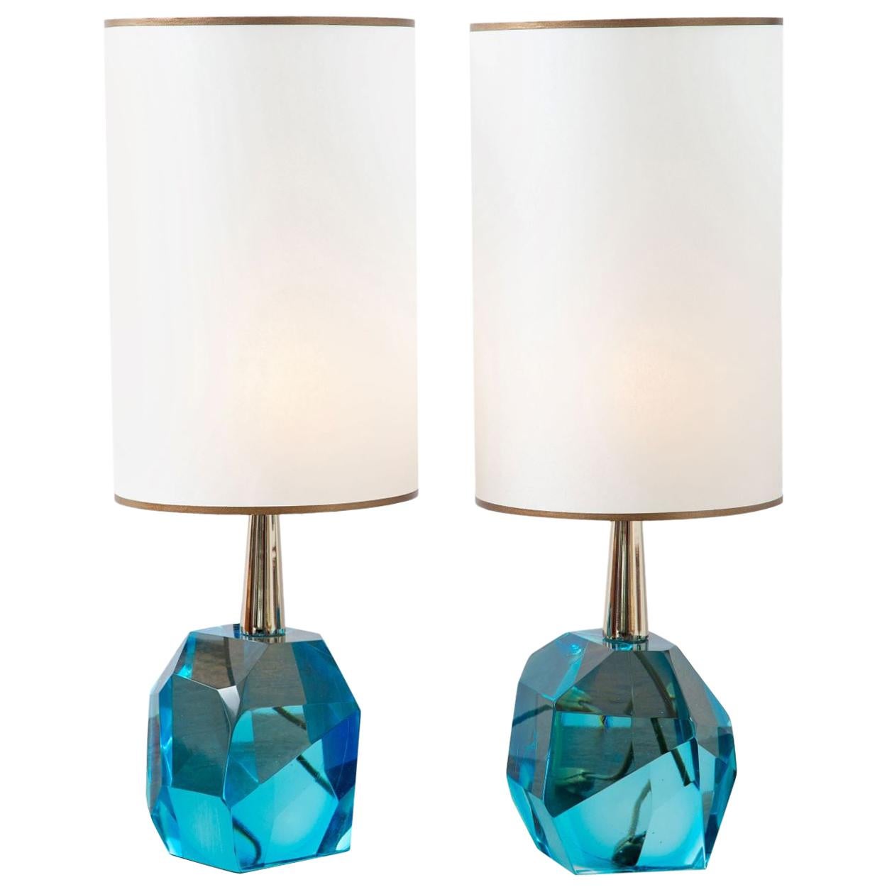 Pair of Diamond Aqua Marine Glass Table Lamps, in Stock