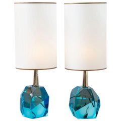 Pair of Diamond Blue Aqua Marine Glass Table Lamps, in Stock