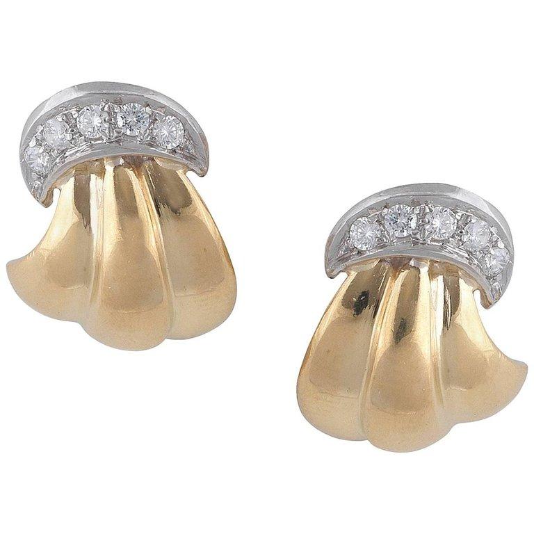 Brilliant Cut Pair of Diamond Bicolored Fan Gold