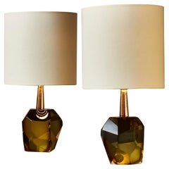 Pair of Diamond Cut Smoked Murano Glass Table Lamps