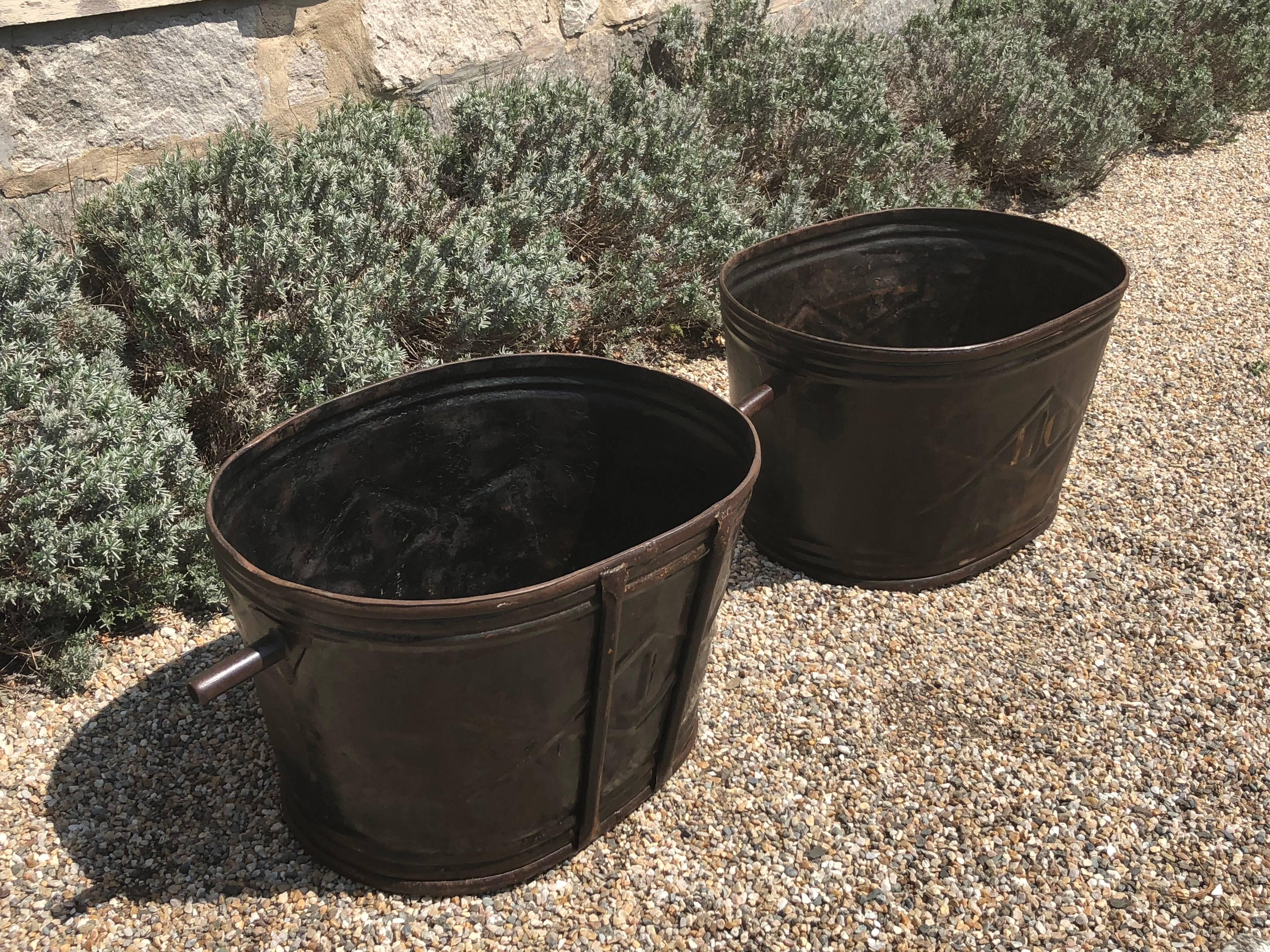 Hand-Crafted Pair of Diamond-Design French Steel Grape Bucket Planters