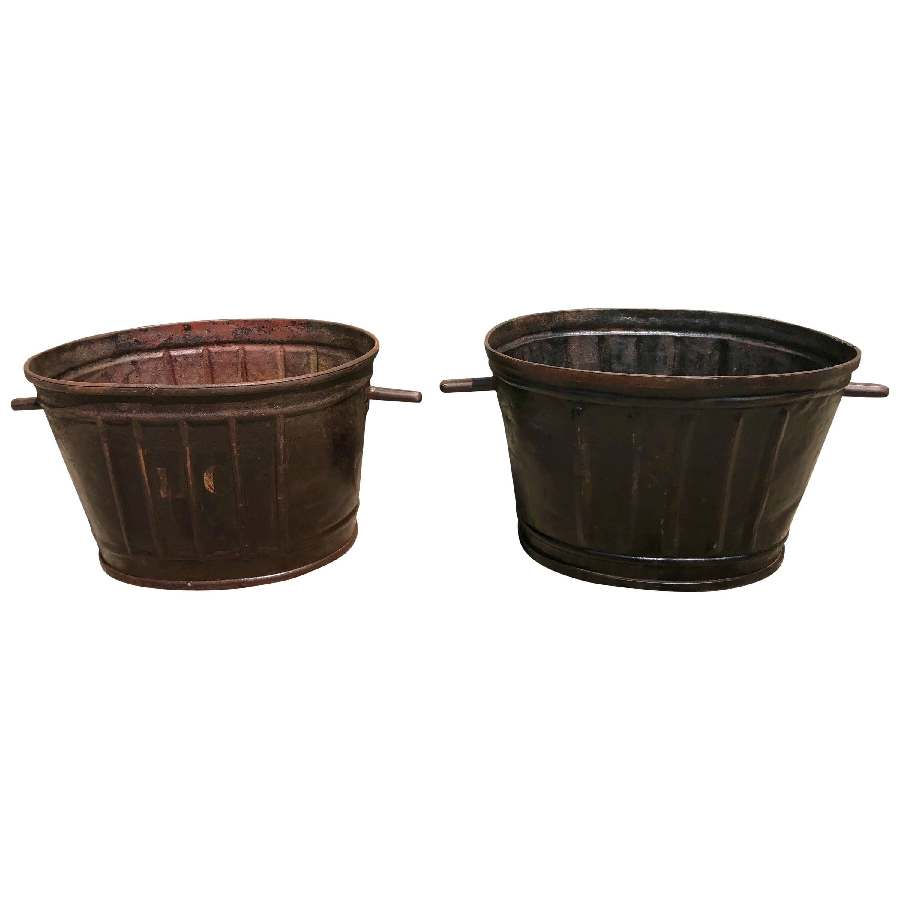 Pair of Diamond-Design French Steel Grape Bucket Planters