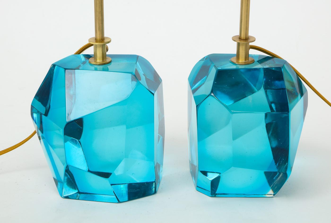 Pair of Diamond Faceted Aquamarine Blue Topaz Murano Glass Lamps, Italy For Sale 3