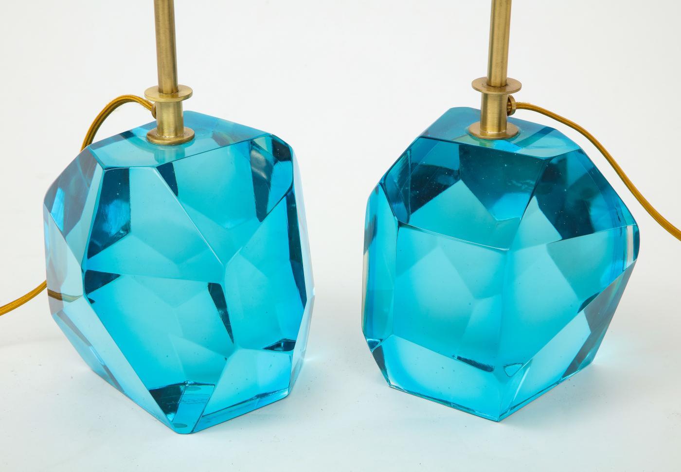 Pair of Diamond Faceted Aquamarine Blue Topaz Murano Glass Lamps, Italy For Sale 4