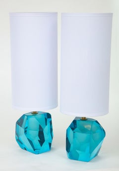 Pair of Diamond Faceted Aquamarine Blue Topaz Murano Glass Lamps, Italy